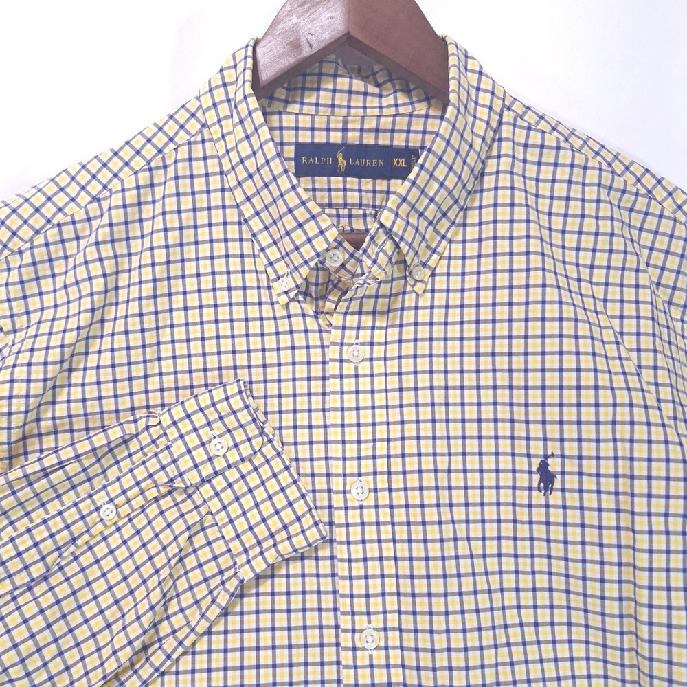 Ralph Lauren Gingham Check Button Down Shirt Mens XXL Yellow Navy Cotton Summer‎